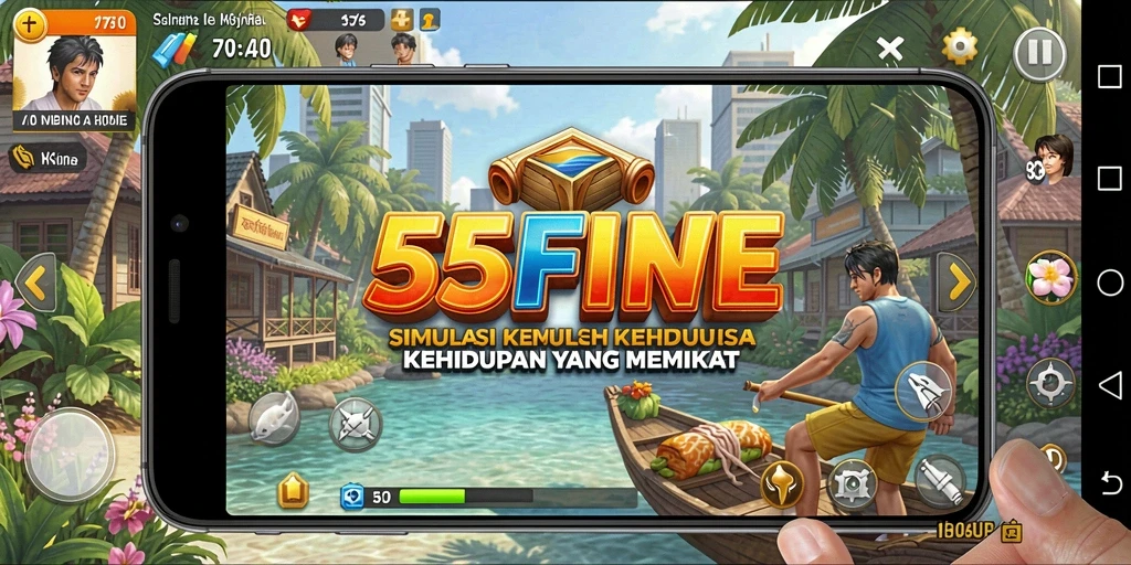 Screenshot utama 55FIVE menampilkan karakter bersosialisasi di lingkungan yang hidup.