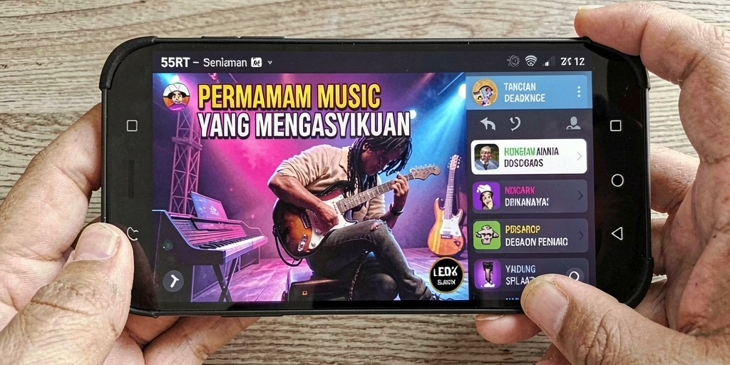 Menampilkan gameplay interaktif dalam aplikasi musik 55RT.