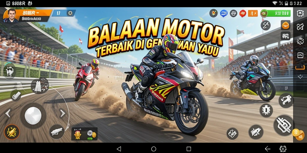 Screenshot gameplay 888R menampilkan balapan motor yang mendebarkan.