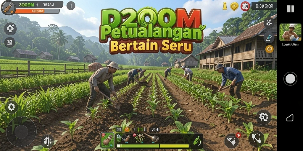 Screenshot utama D200M menampilkan pemain sedang bertani di ladang yang hijau.