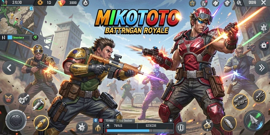 Screenshot gameplay MIKOTOTO menunjukkan aksi seru pertarungan Battle Royale.