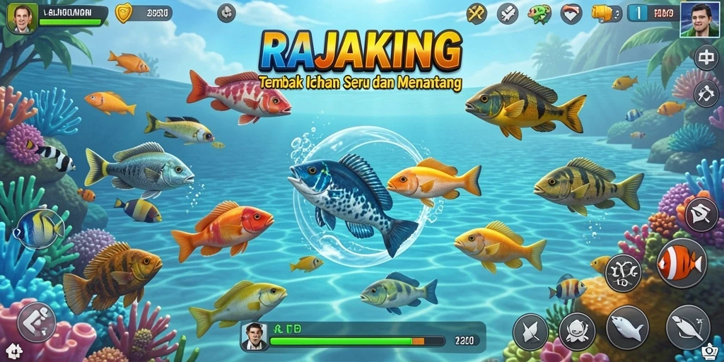 Tampilan gameplay RAJAKING dengan aksi Tembak Ikan yang seru.